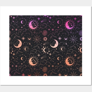 Celestial Witchy Pattern - Pink and Orange Gradient Posters and Art